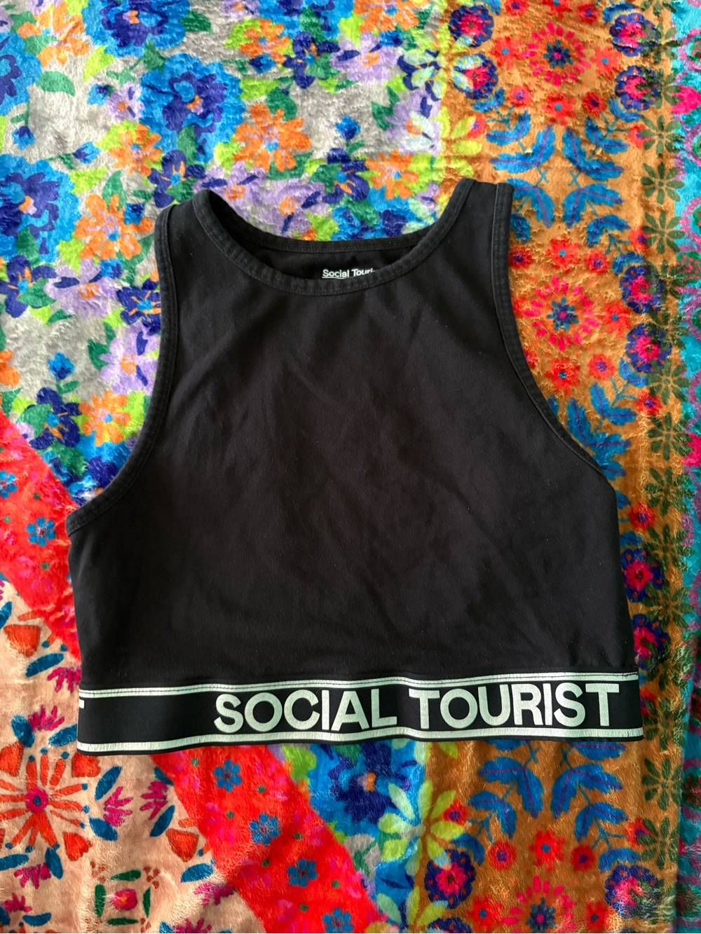 Social Tourist Black Crop Tank with Branded Hem